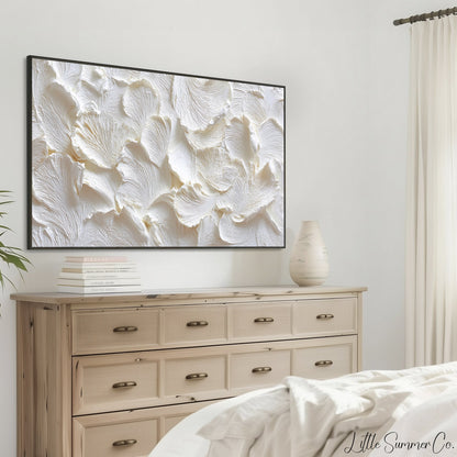 White Petal Relief Frame TV Art displayed on a TV