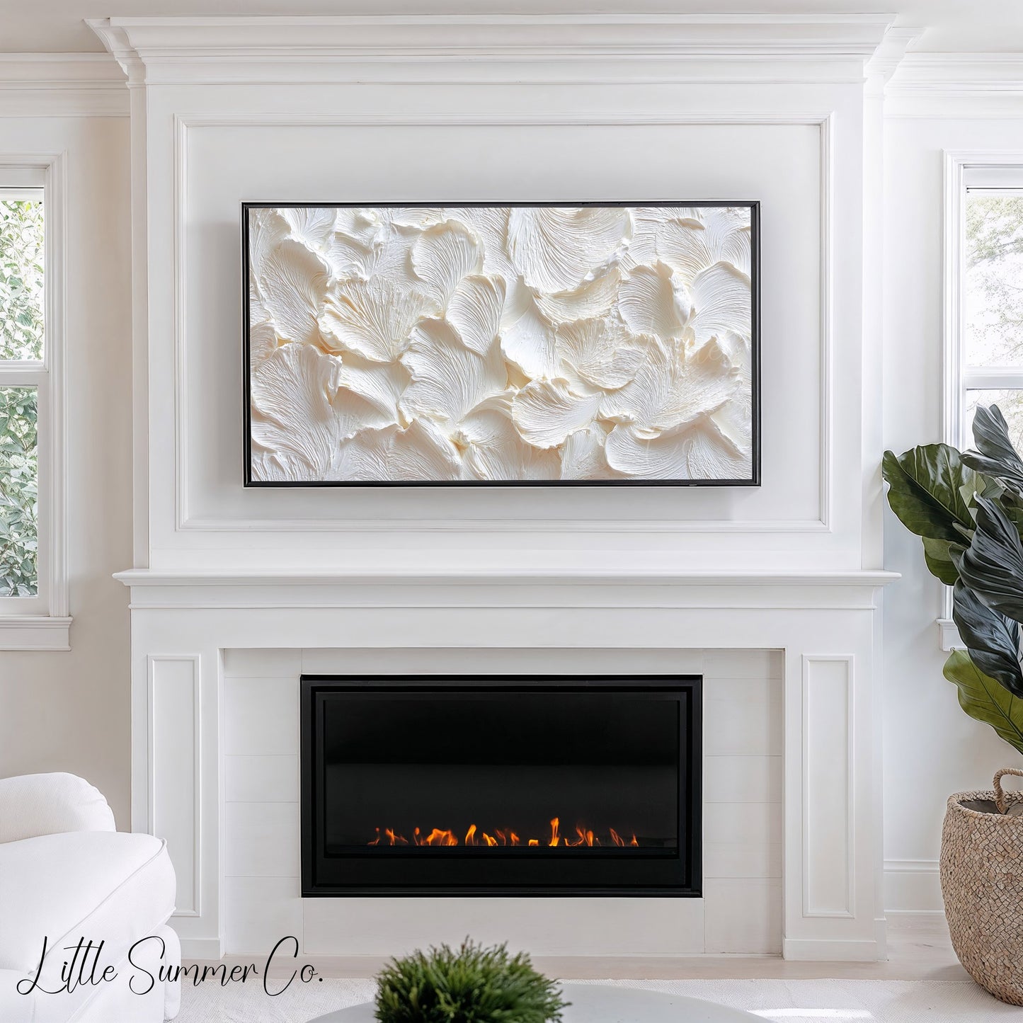 White Petal Relief Frame TV Art displayed on a TV