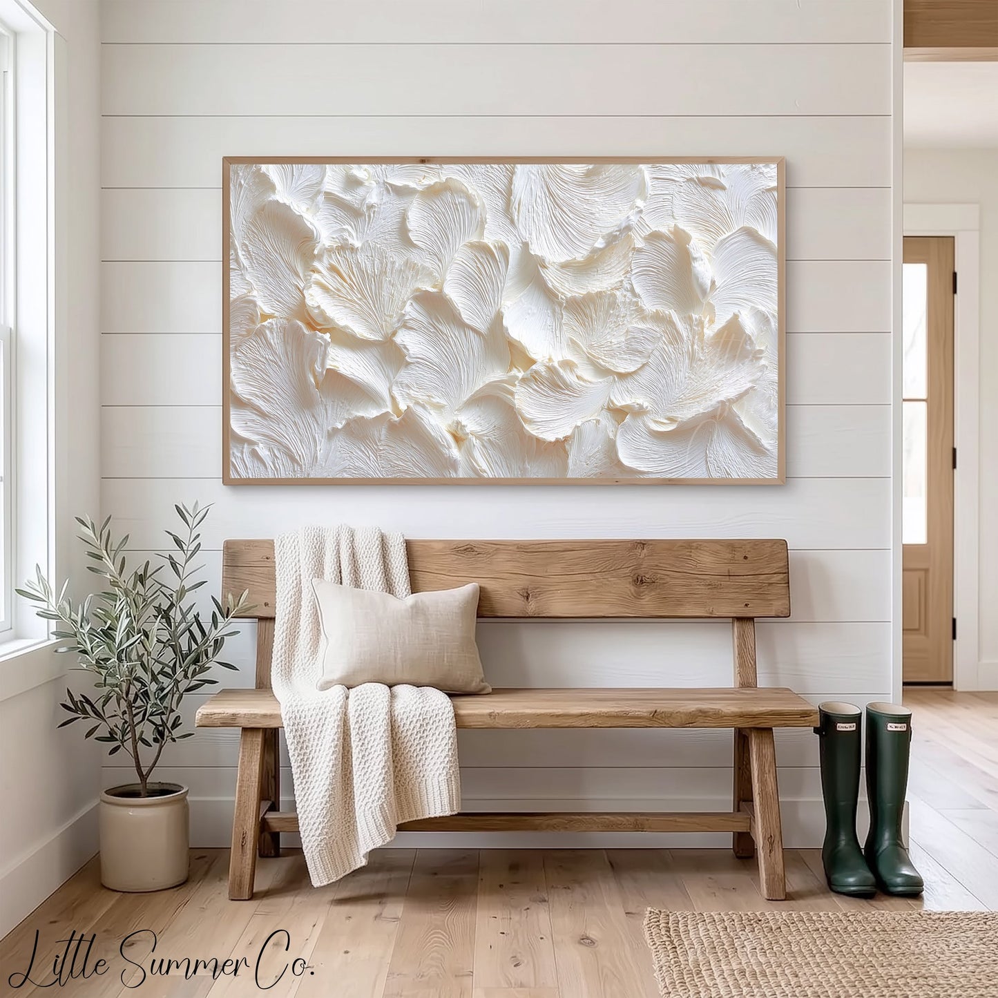 White Petal Relief Frame TV Art displayed on a TV