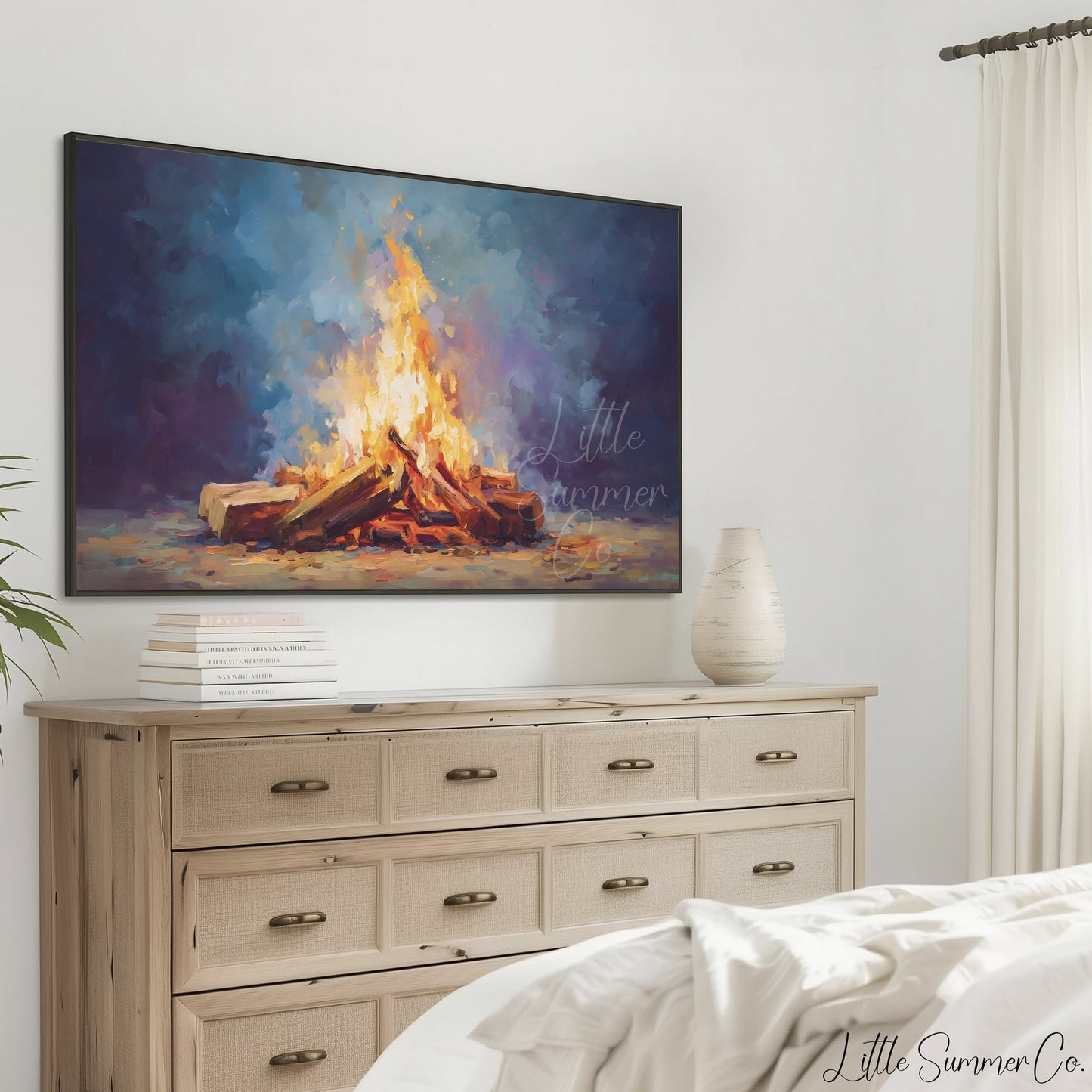 Glowing Campfire Logs Frame TV Art displayed on a TV