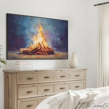 Glowing Campfire Logs Frame TV Art displayed on a TV