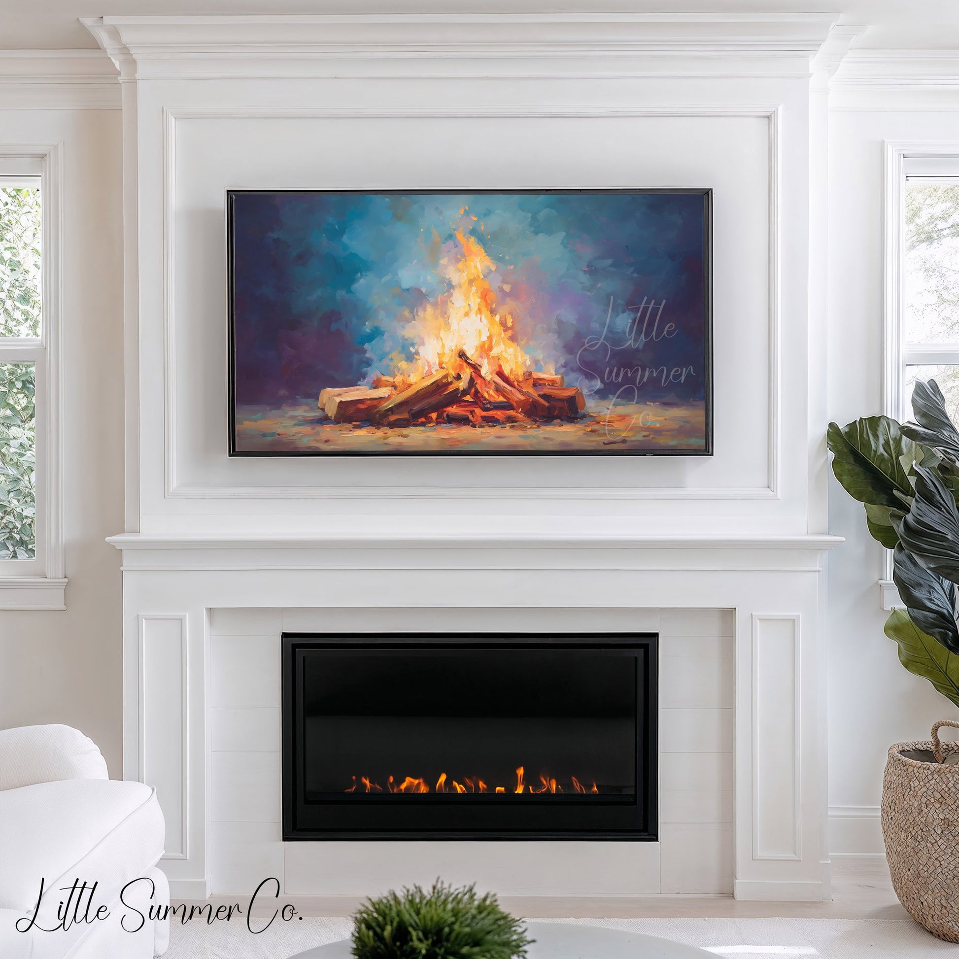 Glowing Campfire Logs Frame TV Art displayed on a TV