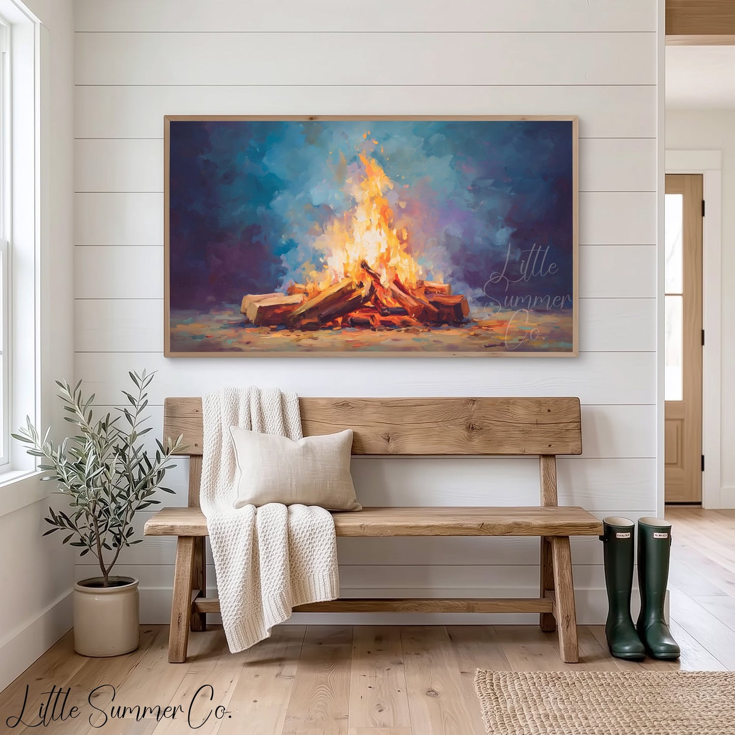 Glowing Campfire Logs Frame TV Art displayed on a TV