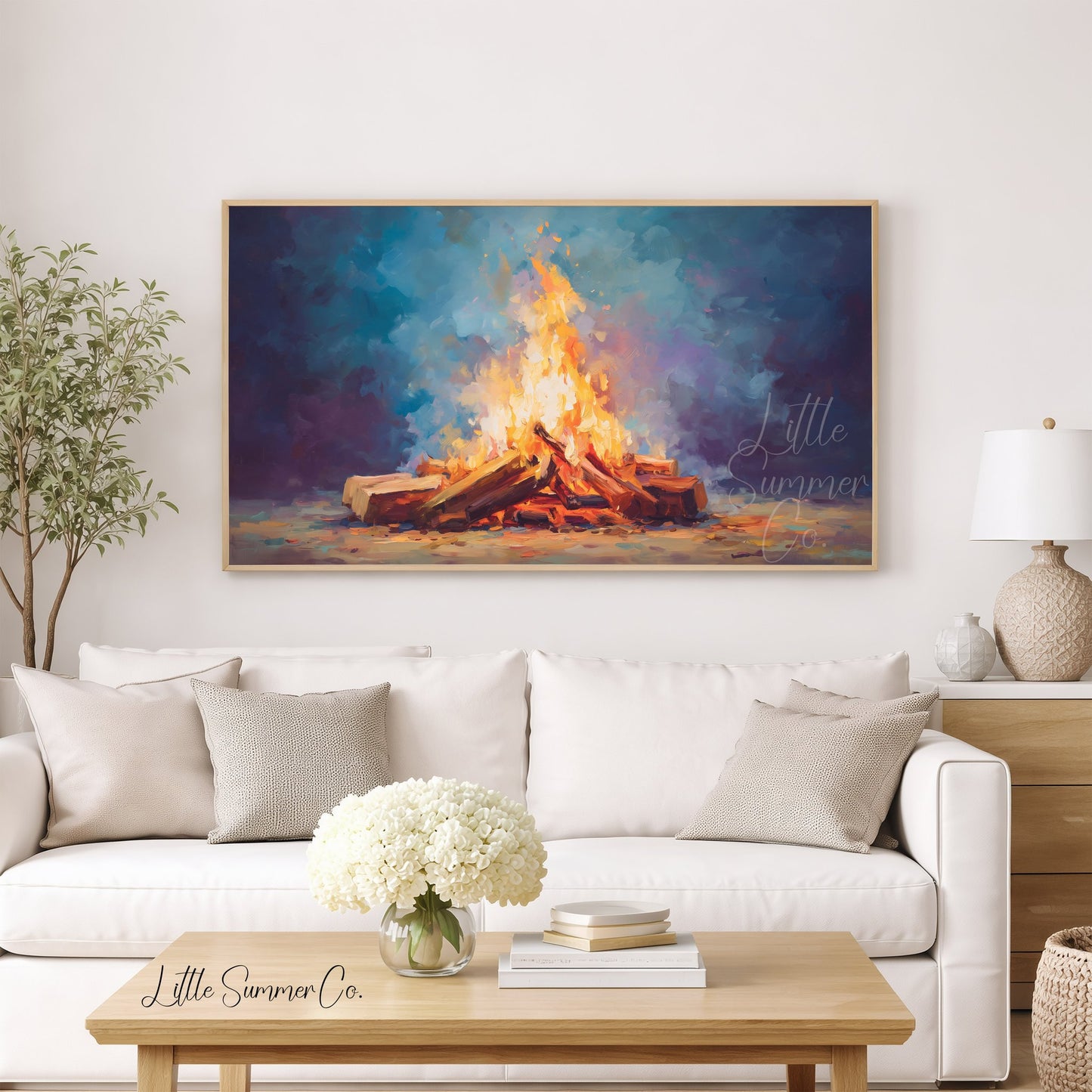 Glowing Campfire Logs Frame TV Art displayed on a TV