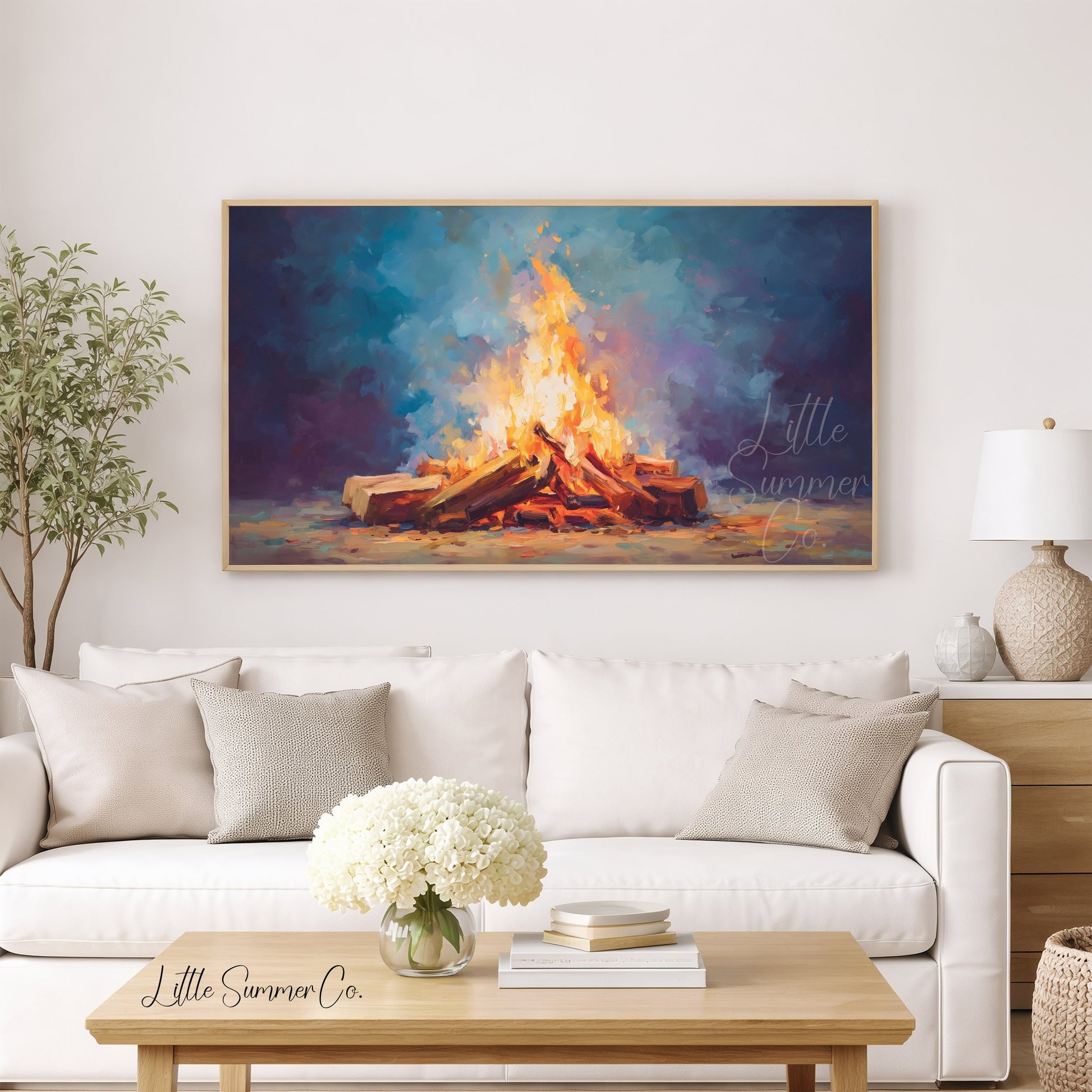 Glowing Campfire Logs Frame TV Art displayed on a TV