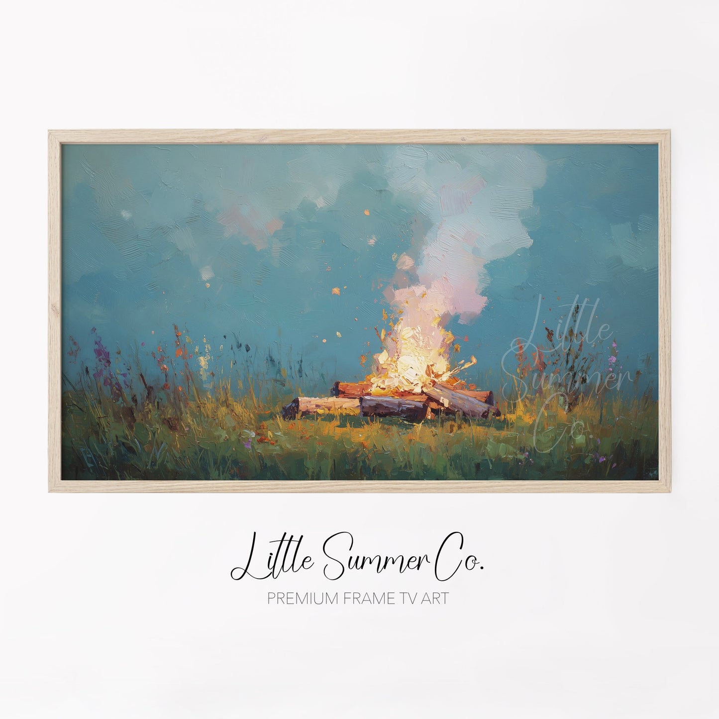 Campfire In Wildflower Meadow Frame TV Art displayed on a TV