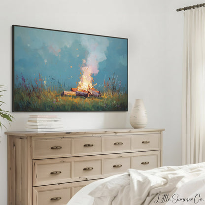 Campfire In Wildflower Meadow Frame TV Art displayed on a TV