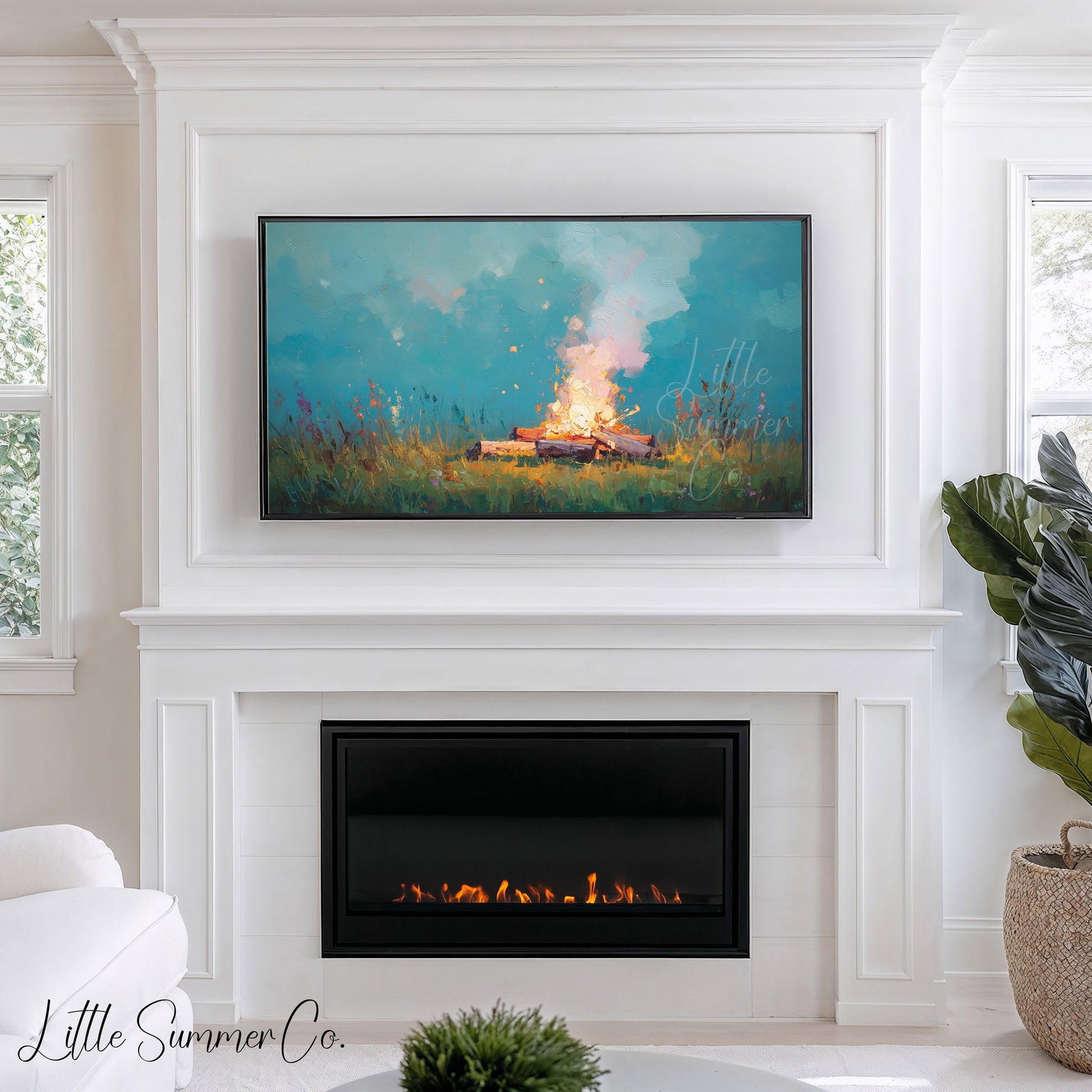 Campfire In Wildflower Meadow Frame TV Art displayed on a TV