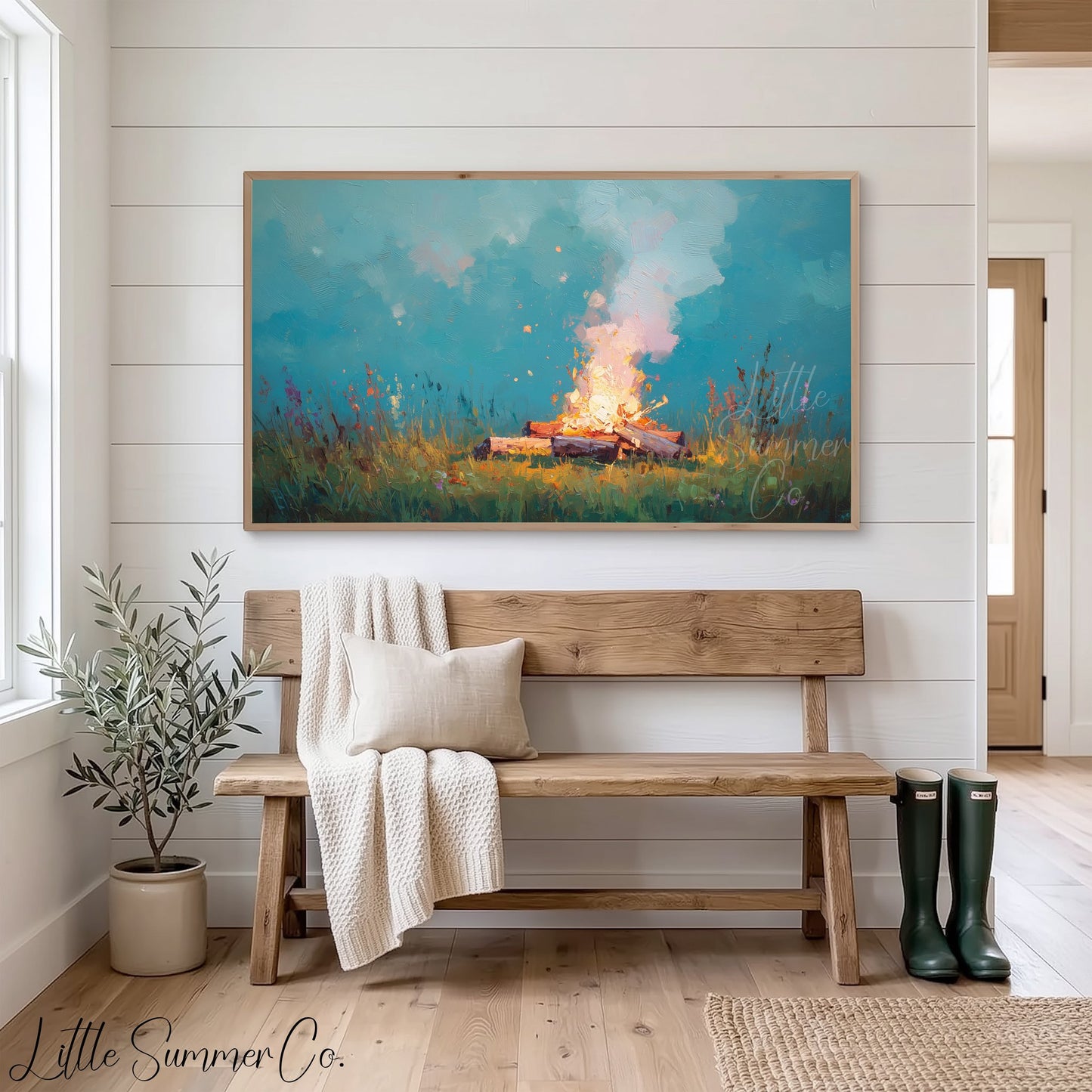 Campfire In Wildflower Meadow Frame TV Art displayed on a TV
