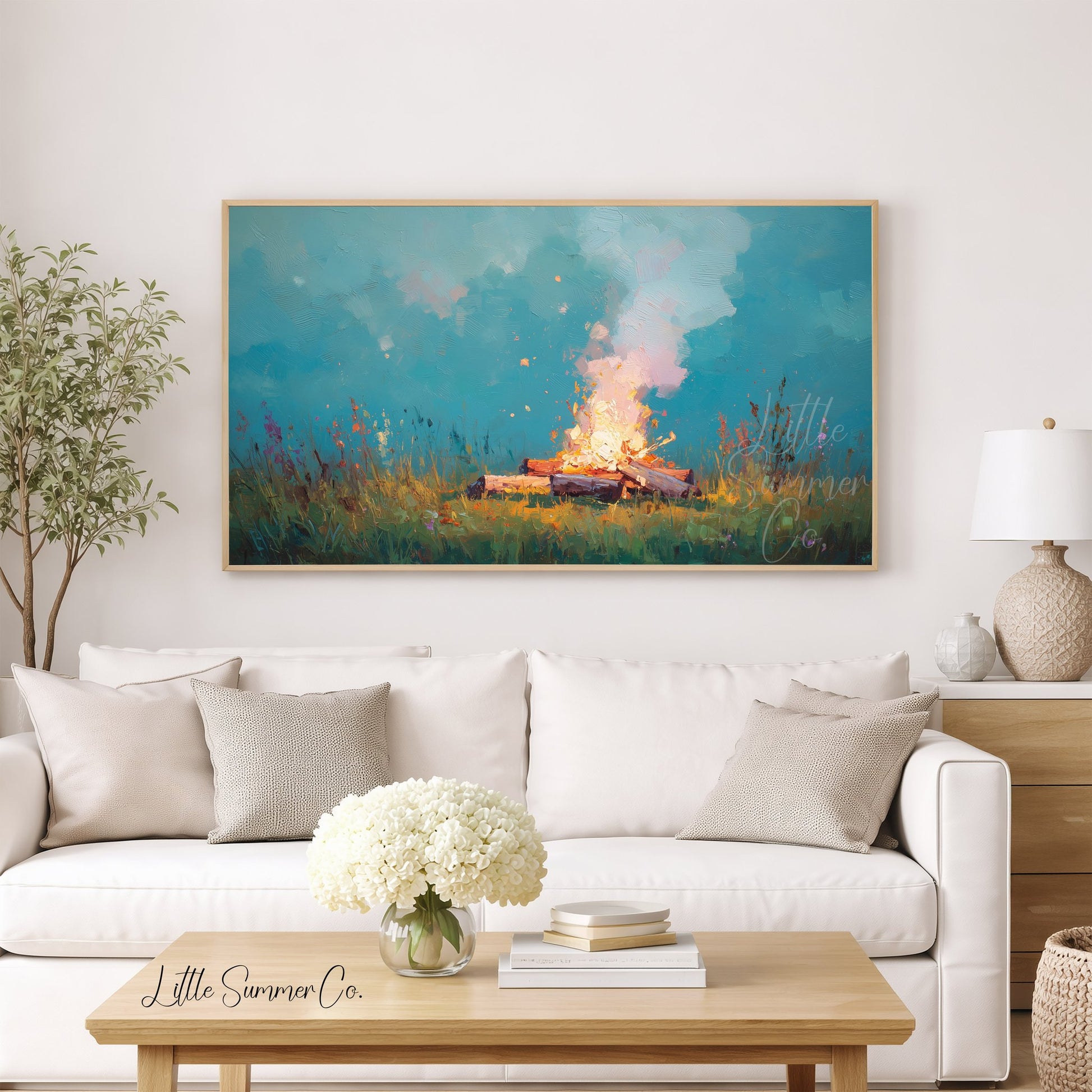Campfire In Wildflower Meadow Frame TV Art displayed on a TV