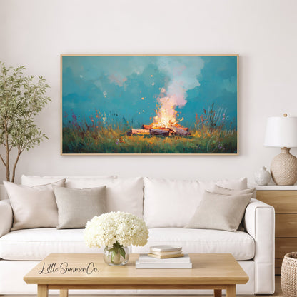 Campfire In Wildflower Meadow Frame TV Art displayed on a TV