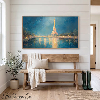Eiffel Tower Bridge Frame TV Art displayed on a TV