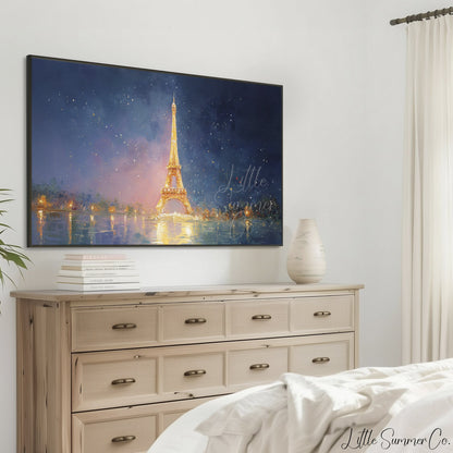 Eiffel Tower Reflections Frame TV Art displayed on a TV