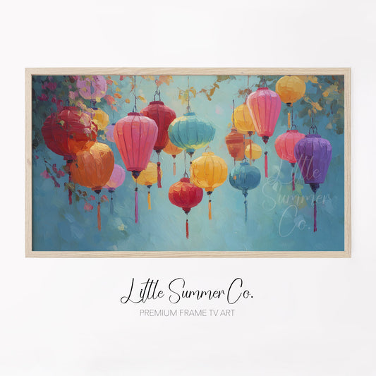 Colourful Hanging Lanterns Frame TV Art displayed on a TV