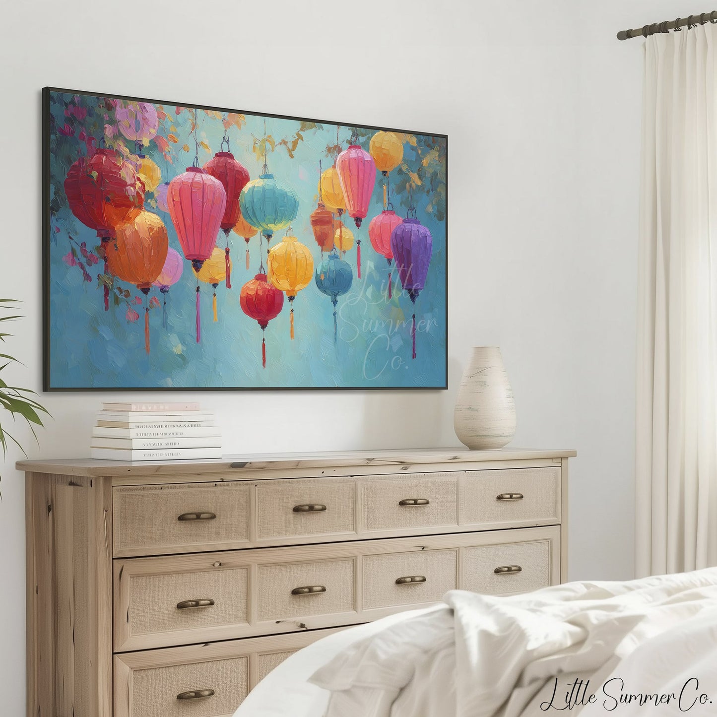 Colourful Hanging Lanterns Frame TV Art displayed on a TV