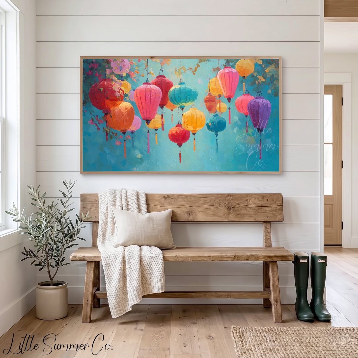 Colourful Hanging Lanterns Frame TV Art displayed on a TV