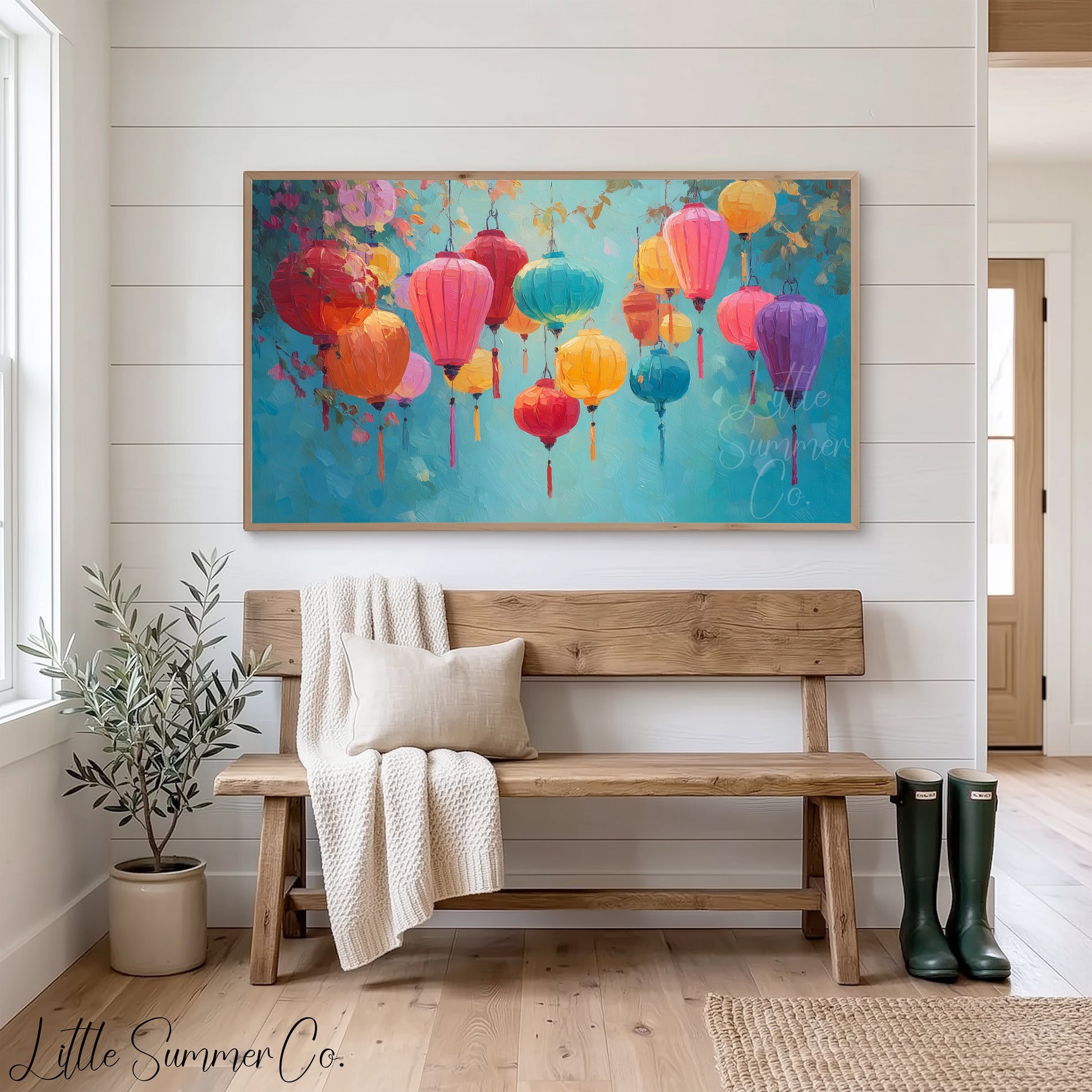Colourful Hanging Lanterns Frame TV Art displayed on a TV