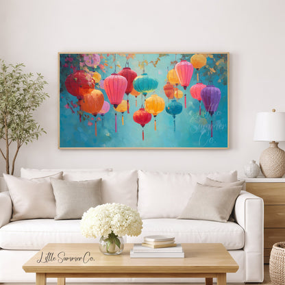 Colourful Hanging Lanterns Frame TV Art displayed on a TV
