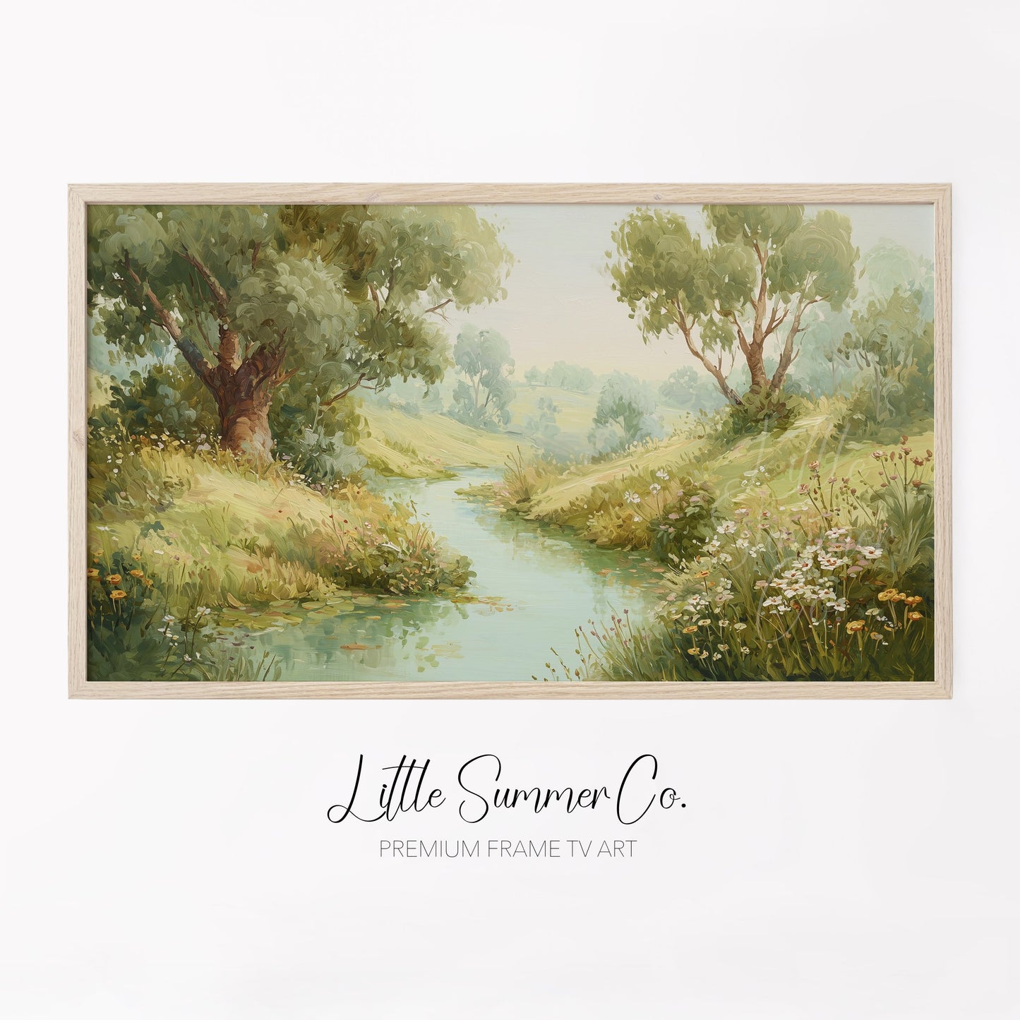 Countryside Stream and Wildflowers Frame TV Art displayed on a TV
