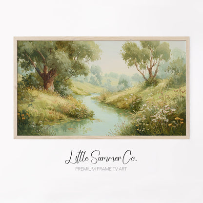 Countryside Stream and Wildflowers Frame TV Art displayed on a TV