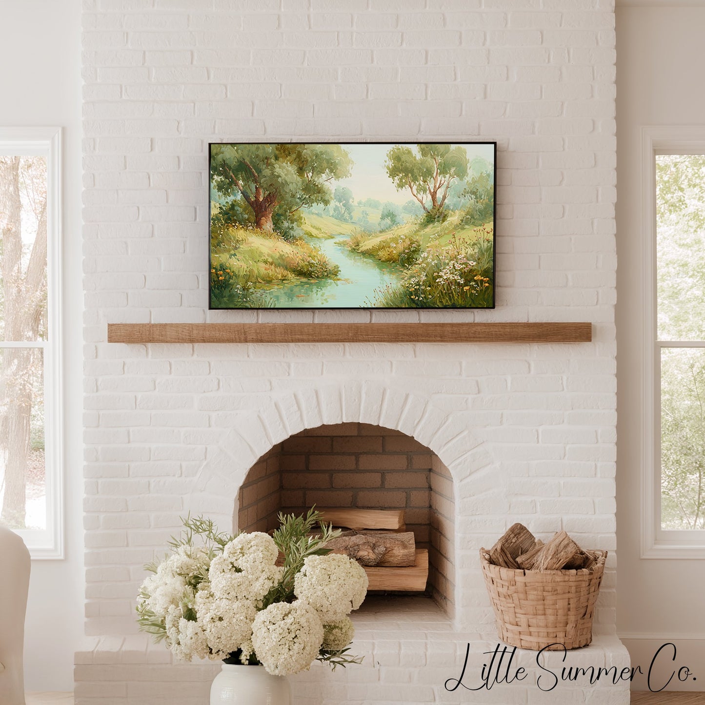 Countryside Stream and Wildflowers Frame TV Art displayed on a TV