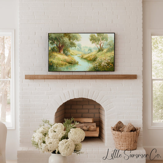 Countryside Stream and Wildflowers Frame TV Art displayed on a TV