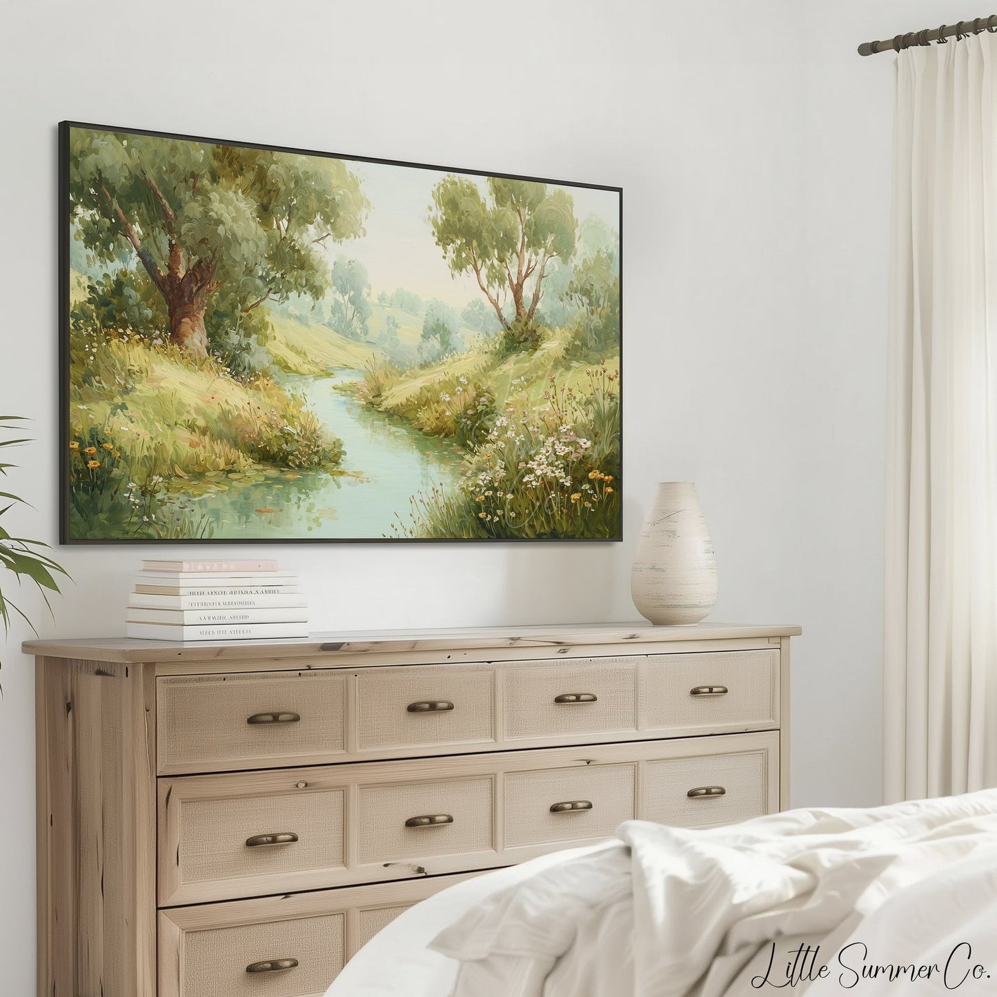Countryside Stream and Wildflowers Frame TV Art displayed on a TV