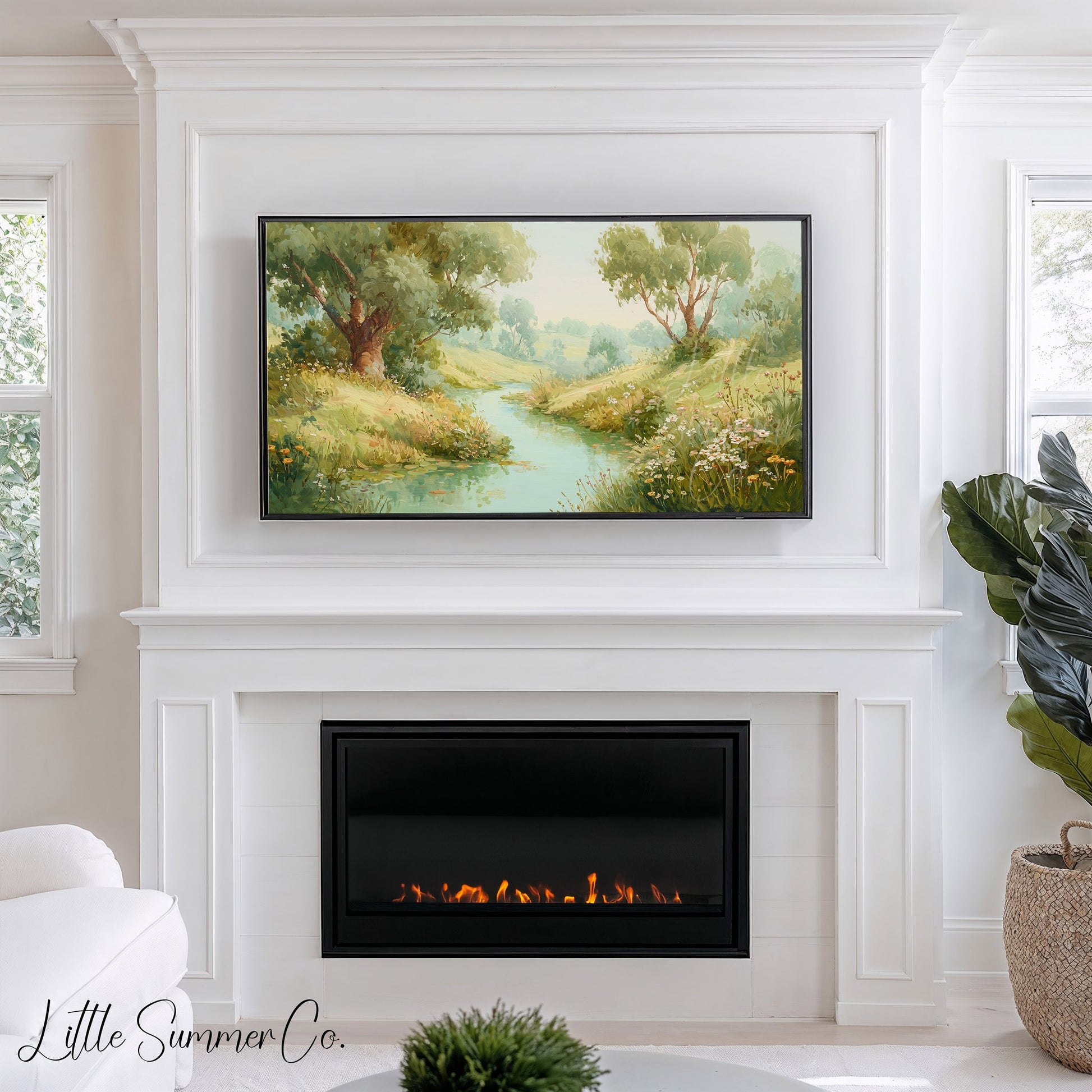 Countryside Stream and Wildflowers Frame TV Art displayed on a TV