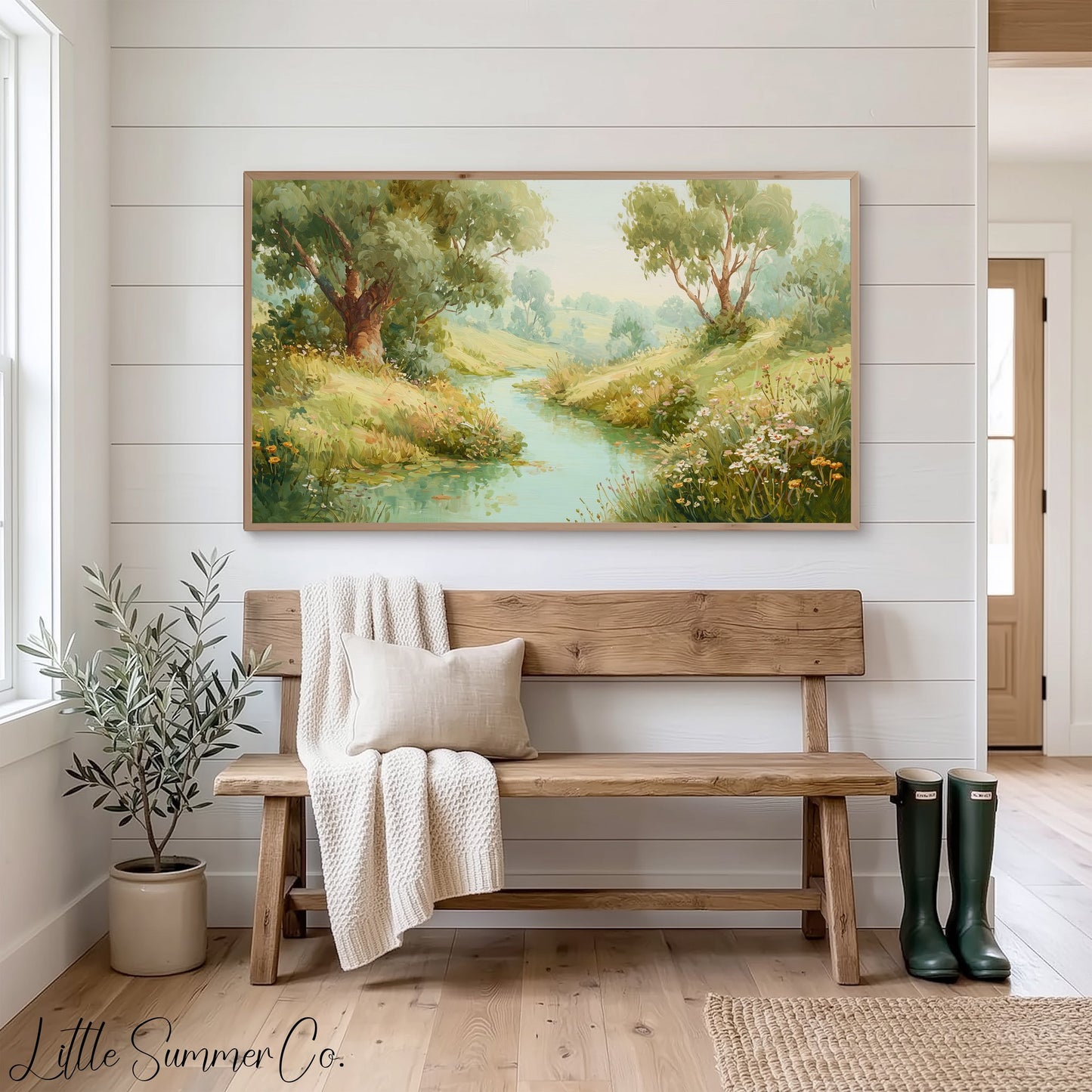 Countryside Stream and Wildflowers Frame TV Art displayed on a TV