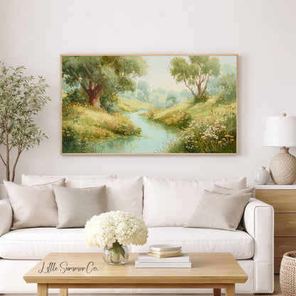 Countryside Stream and Wildflowers Frame TV Art displayed on a TV
