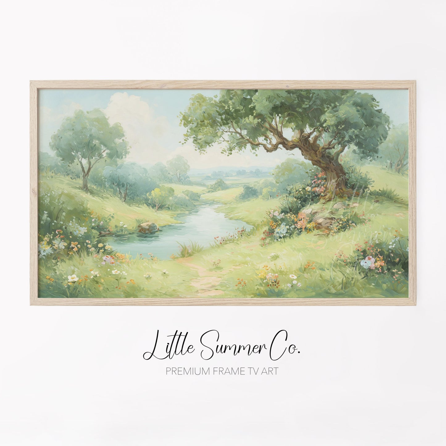 Meadow Stream and Old Tree Frame TV Art displayed on a TV