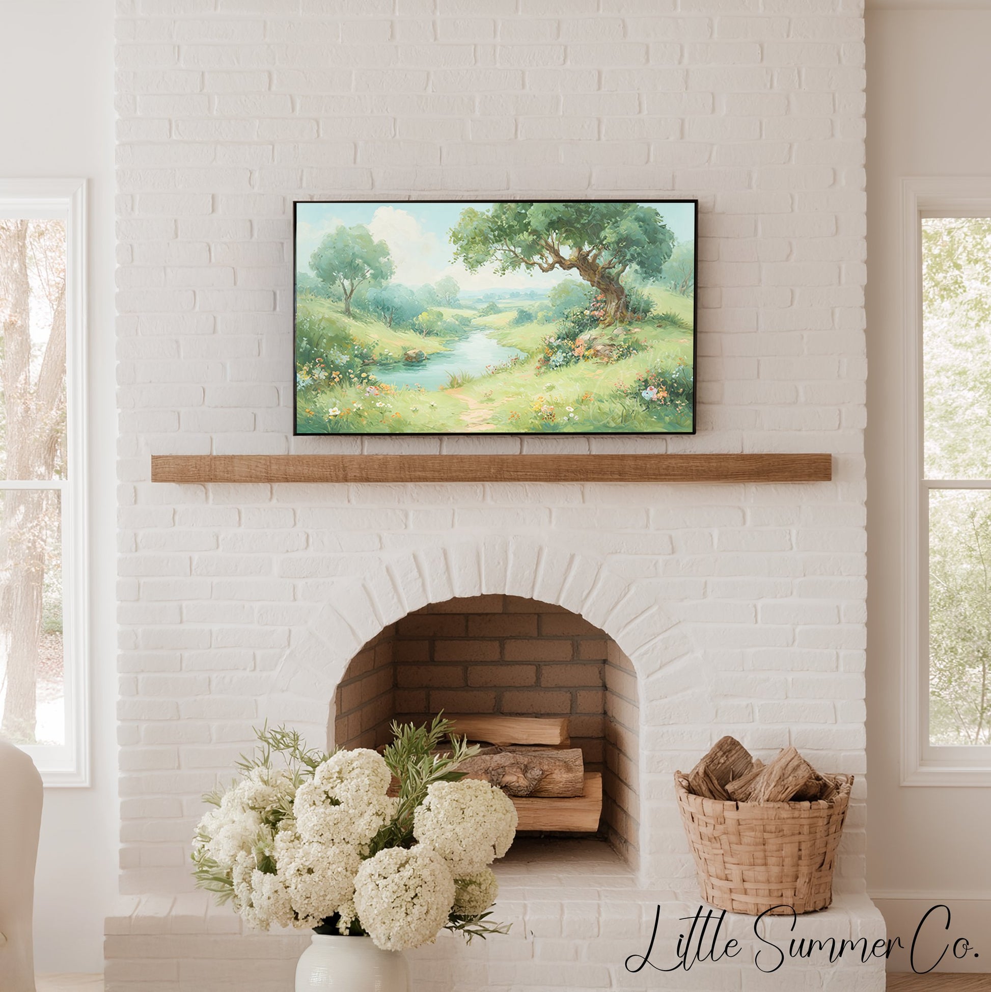 Meadow Stream and Old Tree Frame TV Art displayed on a TV