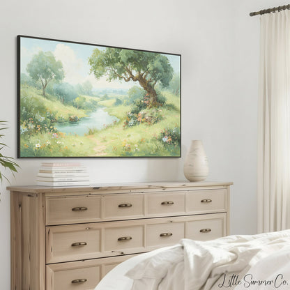 Meadow Stream and Old Tree Frame TV Art displayed on a TV