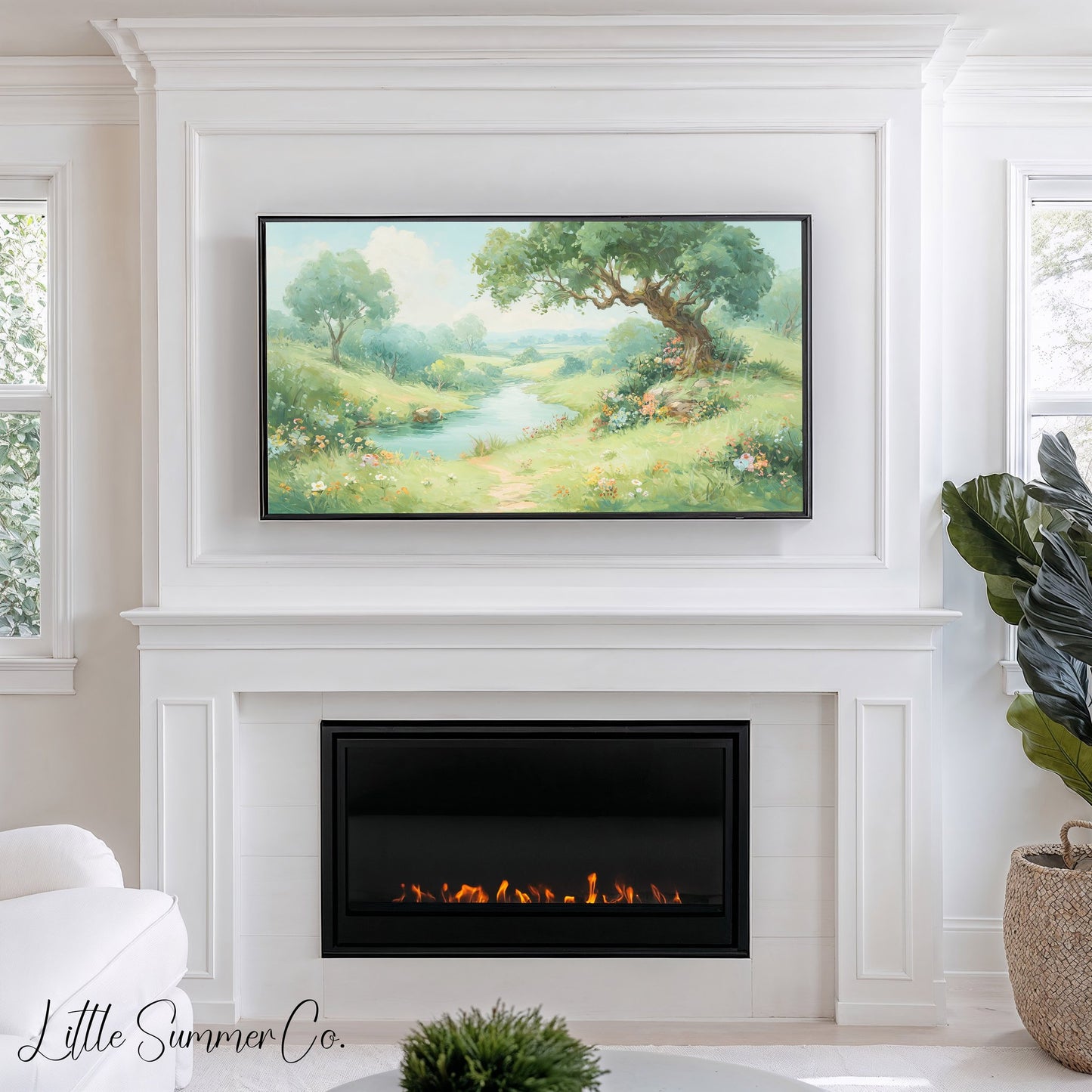 Meadow Stream and Old Tree Frame TV Art displayed on a TV