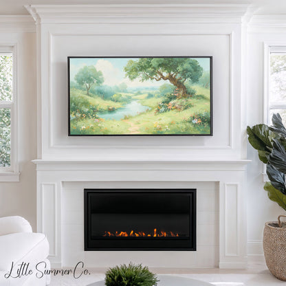 Meadow Stream and Old Tree Frame TV Art displayed on a TV