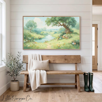 Meadow Stream and Old Tree Frame TV Art displayed on a TV