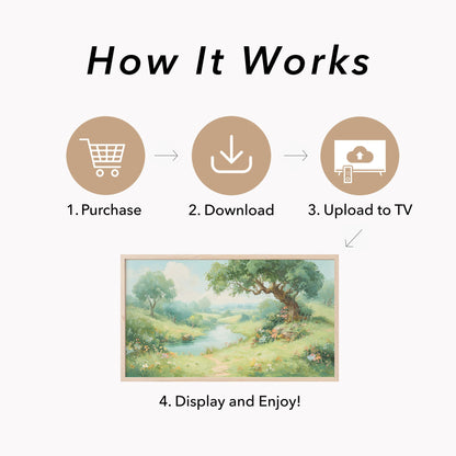 Meadow Stream and Old Tree Frame TV Art displayed on a TV