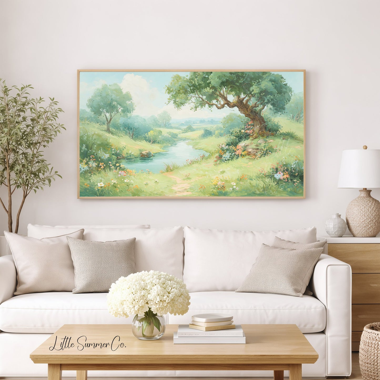 Meadow Stream and Old Tree Frame TV Art displayed on a TV