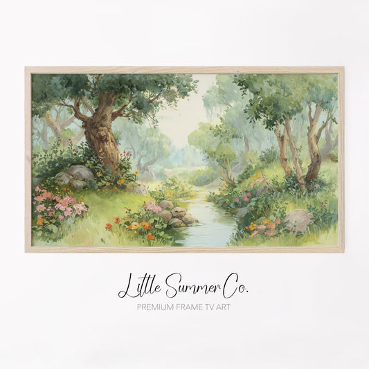 Woodland Stream and Flowers Frame TV Art displayed on a TV