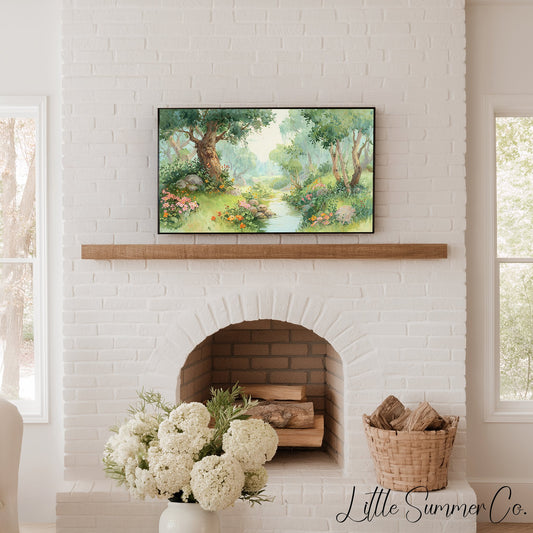 Woodland Stream and Flowers Frame TV Art displayed on a TV