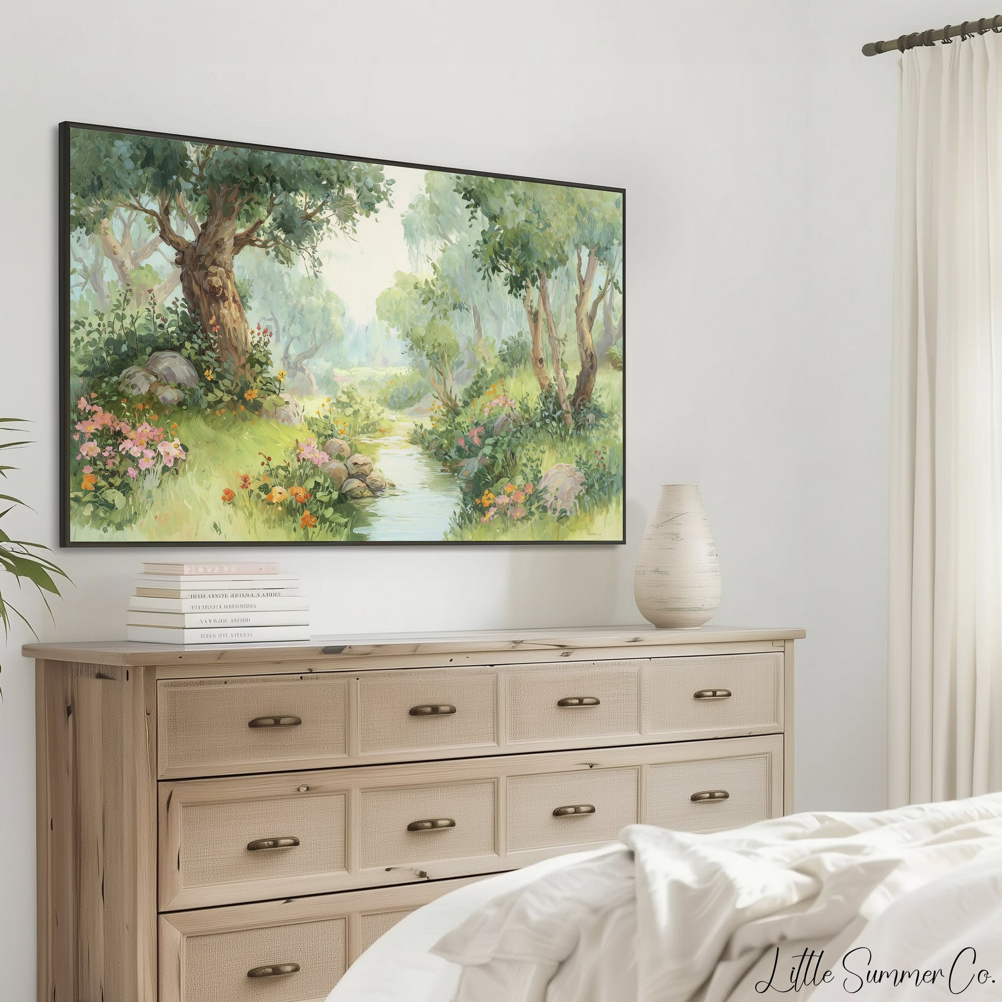 Woodland Stream and Flowers Frame TV Art displayed on a TV
