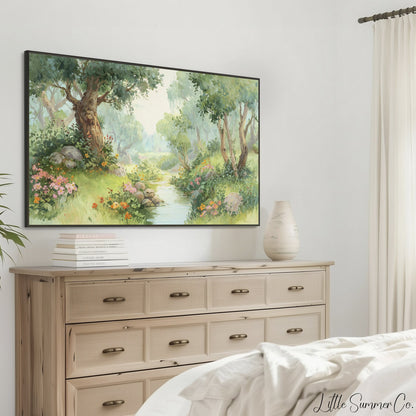 Woodland Stream and Flowers Frame TV Art displayed on a TV