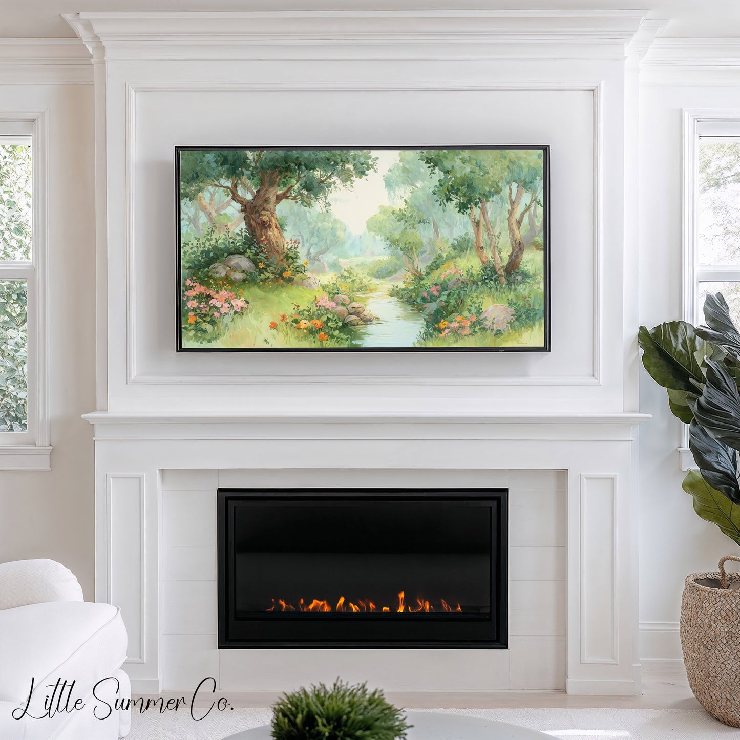 Woodland Stream and Flowers Frame TV Art displayed on a TV