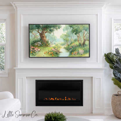 Woodland Stream and Flowers Frame TV Art displayed on a TV