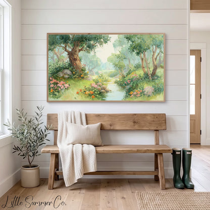 Woodland Stream and Flowers Frame TV Art displayed on a TV