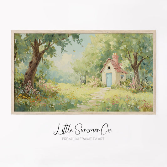 Cottage in Summer Garden Frame TV Art displayed on a TV
