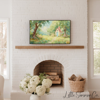 Cottage in Summer Garden Frame TV Art displayed on a TV