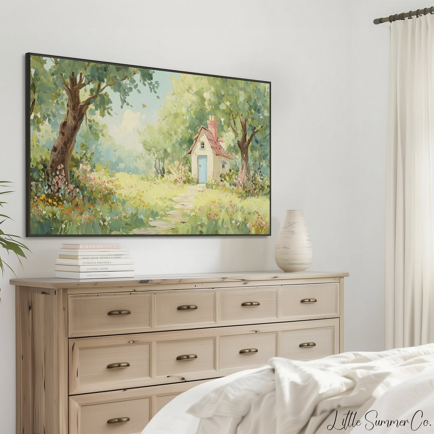 Cottage in Summer Garden Frame TV Art displayed on a TV