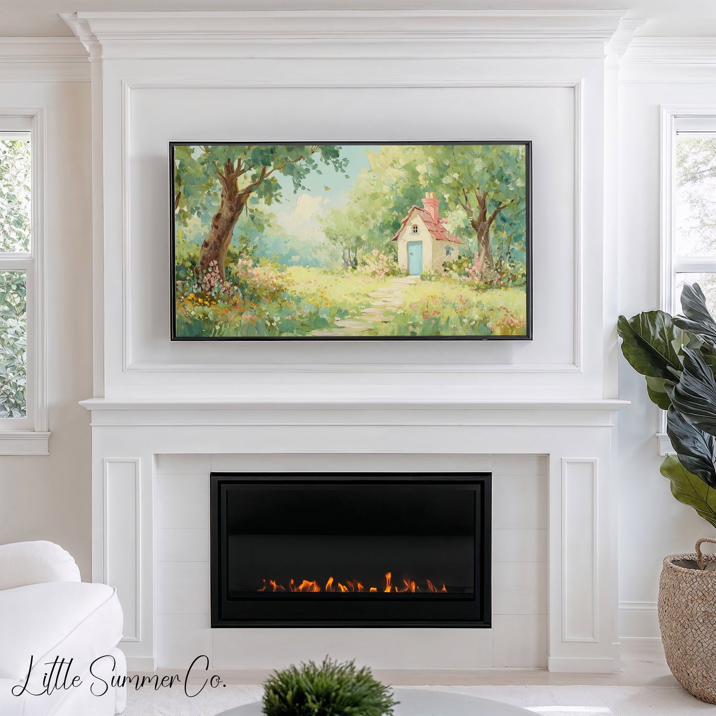 Cottage in Summer Garden Frame TV Art displayed on a TV
