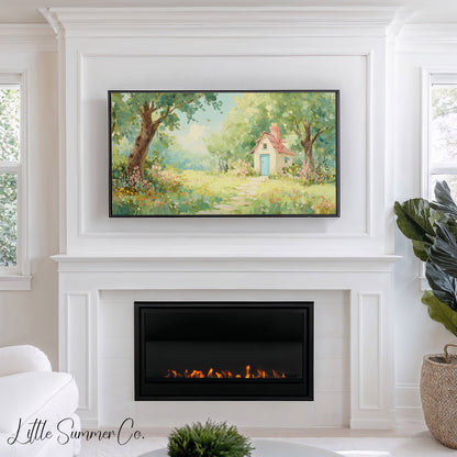 Cottage in Summer Garden Frame TV Art displayed on a TV